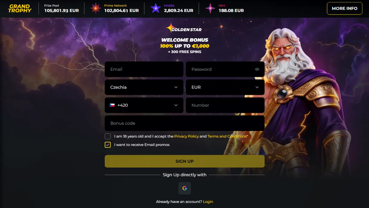 Golden Star Casino — 100% až 1 000 € + 300 zatočení zdarma